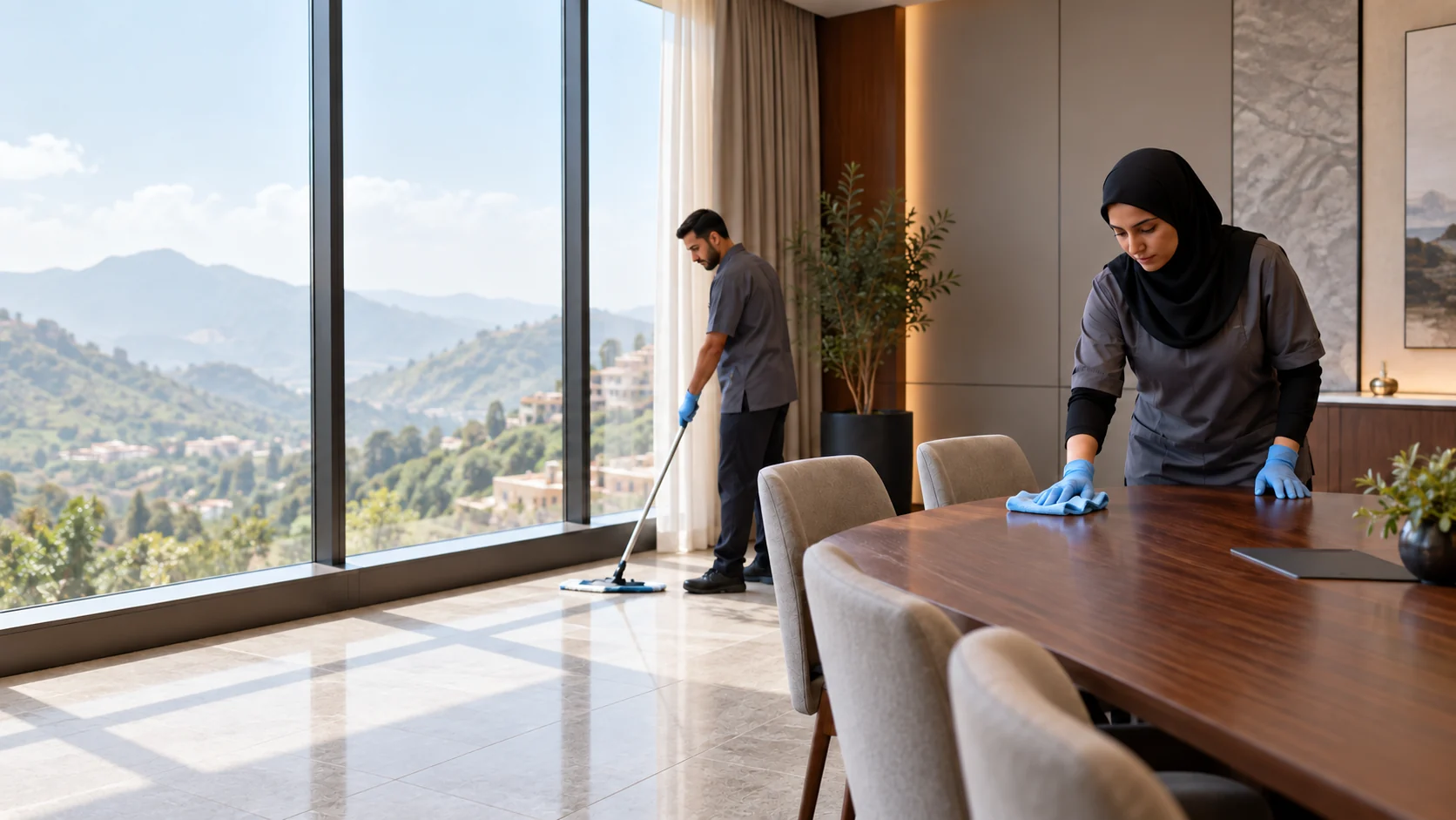Illustrative cleaning staff wiping a meeting table and damp-mopping a stone floor in an Abha-inspired hillside hotel