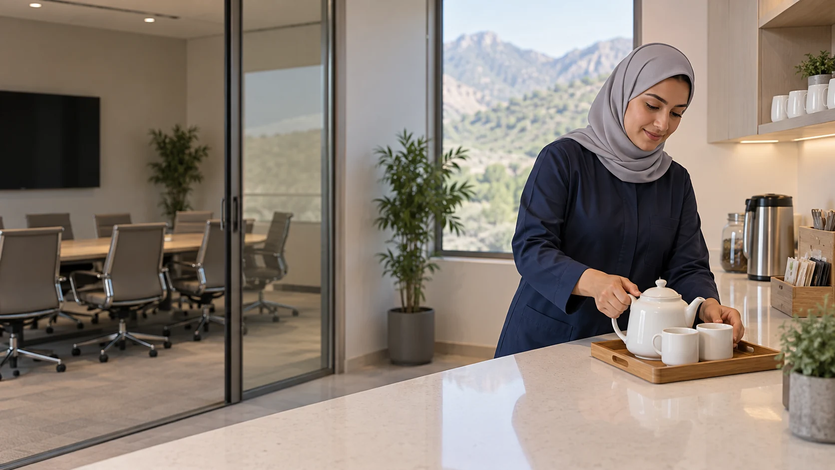 Illustrative female pantry attendant arranging a teapot and cups beside an Abha office meeting room